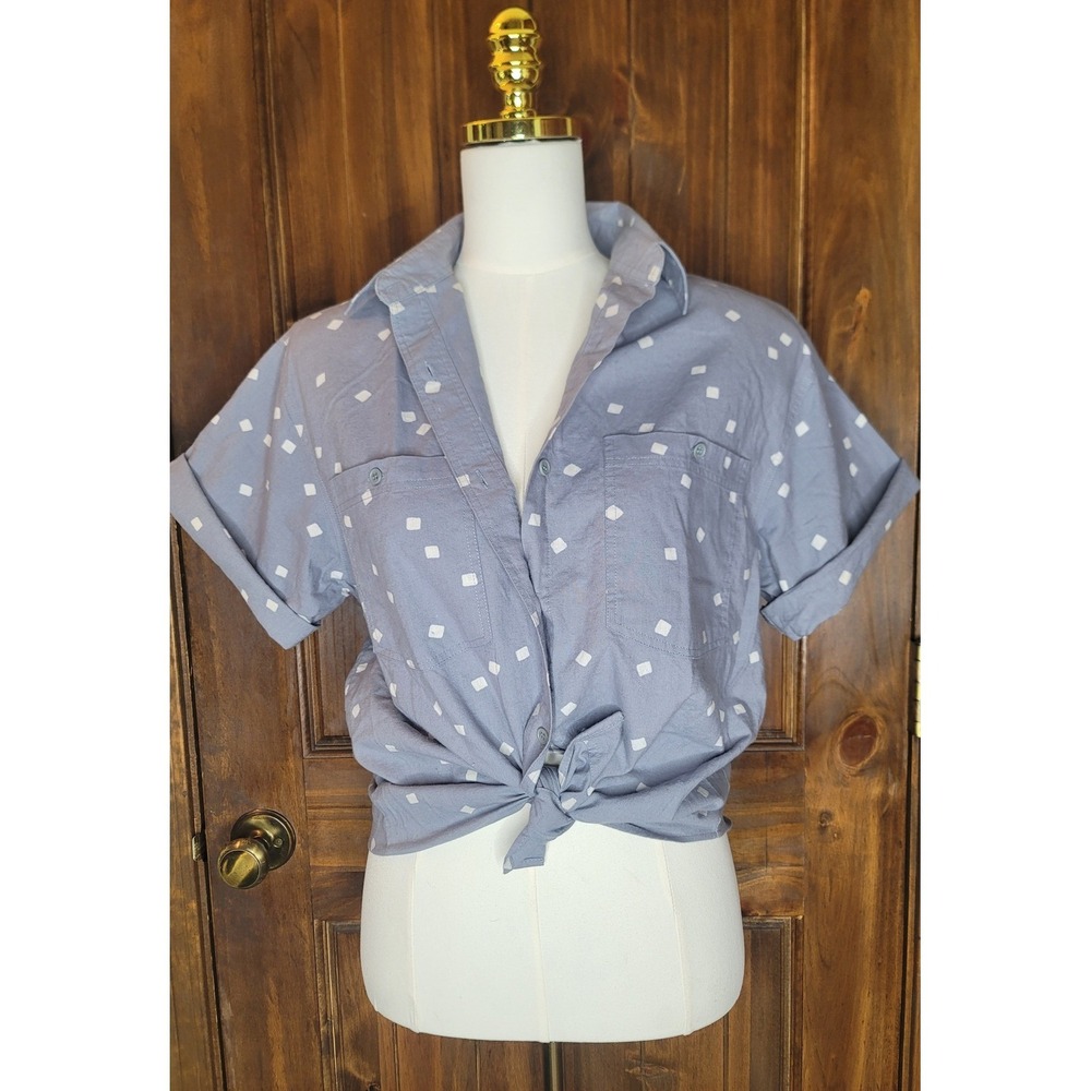 Vintage 80s Button Up‎ Shirt M Gray Geometric Print Cotton Shoulder Pads Retro